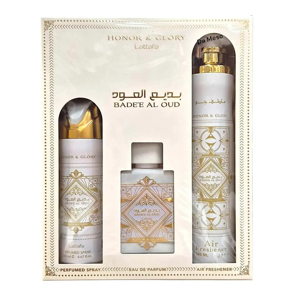 Set cadou Lattafa Badee Al Oud Honor & Glory 100ml + 200ml Deodorant + 300ml Odorizant de Camera - Secret Scent