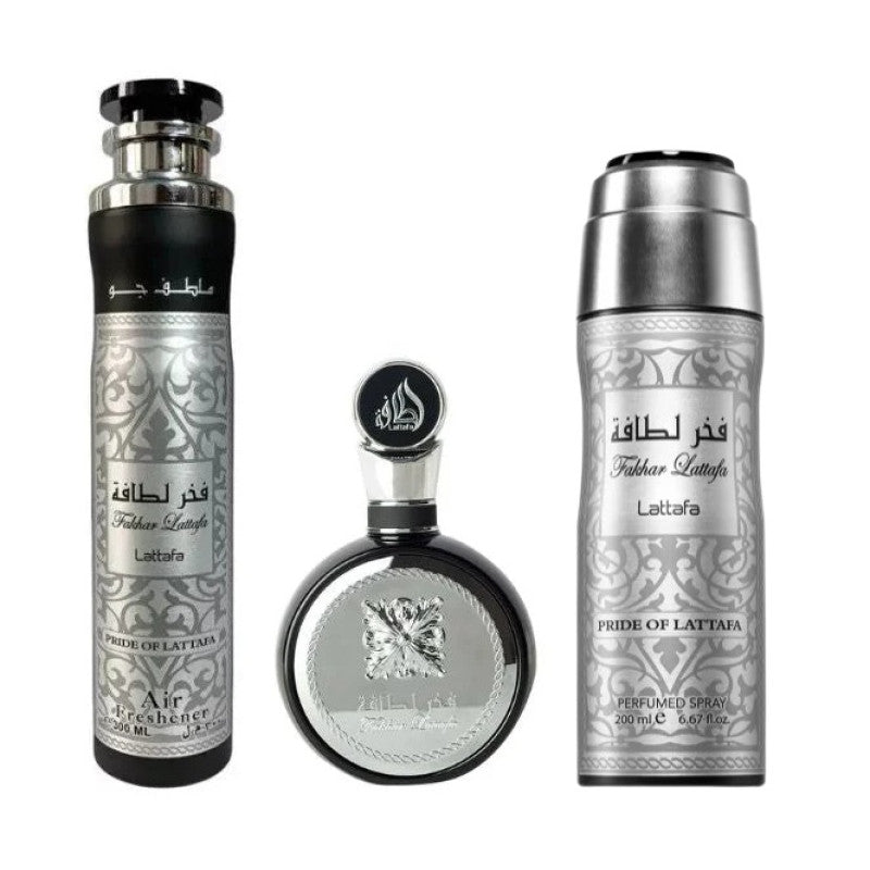 Set cadou Lattafa Fakhar Man - EDP 100 ml + Spray parfumat 200 ml + Odorizant de camera 300 ml - Secret Scent