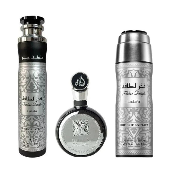 Set cadou Lattafa Fakhar Man - EDP 100 ml + Spray parfumat 200 ml + Odorizant de camera 300 ml - Secret Scent