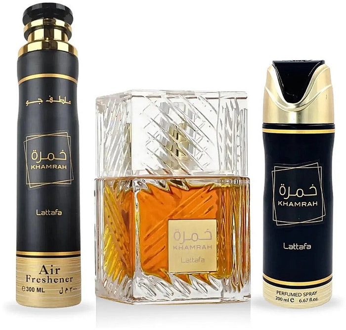 Lattafa Perfumes Khamrah Set Apa de Parfum 100ml + Odorizant de camera 300ml + Deodorant 200ml